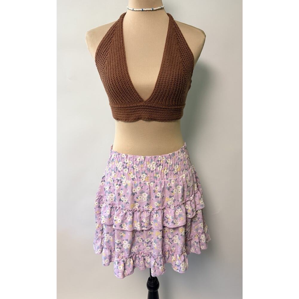 Y2K Altar'd State Floral Mini Skirt Medium Ruffle Tiered Boho Cottagecore Purple